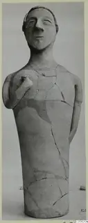 Terracotta standing human figure with one arm bent up to the chest and the other hanging at the side, restored from pieces