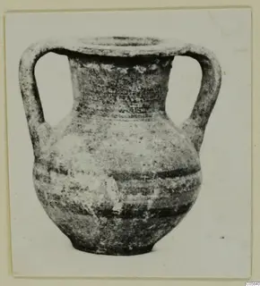 Two-handled pottery vessel with dark horizontal bands, from Marion