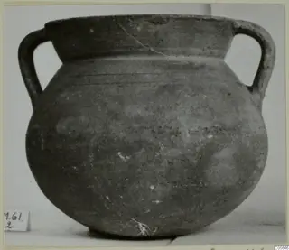 Coarse ware cooking-pot with two handles, shown on a plain background.