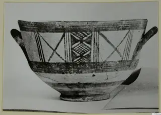 White Painted III-1 bowl with two handles, painted bands and cross-hatched panels on the body
