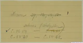 Handwritten index slip on lined paper, with pencil notes and a blue check mark; no object shown