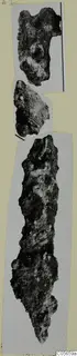 Three photographs of corroded iron objects, one long and narrow, mounted on a pale card