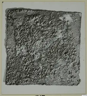 Square plaque from Marion, its surface covered in a dense, pitted crust.