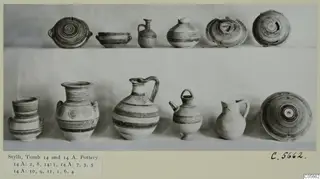 Pottery from Stylli, Tomb 14 and 14 A: two rows of banded jugs, bowls, jars and dishes