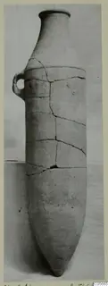 Pottery Plain White VII pithos: tall vessel with a pointed base and a small loop handle, cracked and repaired