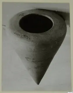 Pottery Plain White VII jar with a wide open mouth and a pointed base, photographed mouth-up on a pale surface