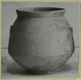 Pottery jar with a wide mouth, rounded body and two small lug handles on the shoulder, against a plain background