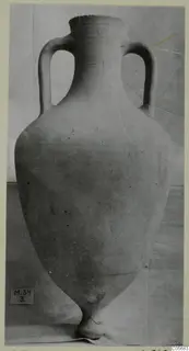 Pottery Plain White VII amphora with two handles and a pointed base, against a plain backdrop.