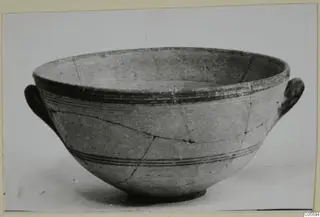 Pottery Black-on-Red bowl with two handles and dark banded decoration, from Amathus