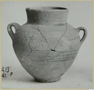 Two-handled pottery jar from Amathus, with cracks repaired, shown in side view against a pale background