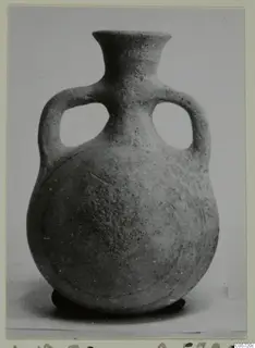 Round-bodied pottery bottle with a narrow flared neck and two loop handles, photographed on a plain background