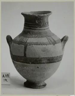 Amphoriskos, White Painted I pottery, with dark painted bands and two handles, photographed against a plain background
