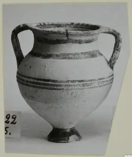 Pottery Bichrome I two-handled vessel with dark painted bands, photographed on a card mount