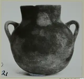 Two-handled round-bodied pottery jar with a wide neck, shown against a plain background.