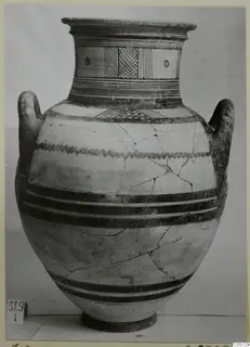 Pottery Bichrome III amphora with painted bands, cross-hatched neck panels and a zigzag shoulder band