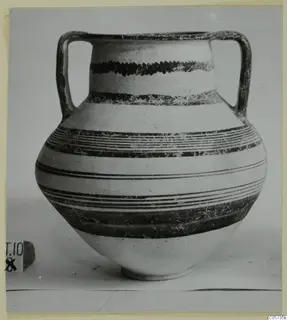 Pottery White Painted IV: two-handled jar with dark painted horizontal bands and a zigzag band on the neck