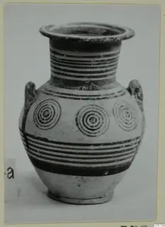 Pottery Bichrome IV amphora-crater: two-handled vessel with banded neck and concentric circles on the body