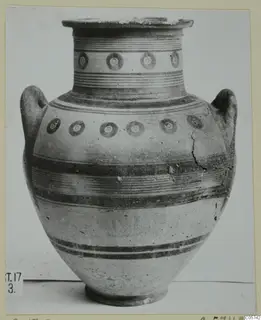Pottery Bichrome IV amphora-crater with two handles, banded body and ring motifs on neck and shoulder