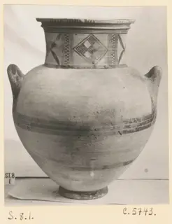 Pottery Bichrome III jar with two handles, painted diamond and zigzag bands on the neck
