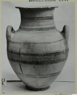 Two-handled jar with horizontal bands of dark paint, photographed for Pottery Bichrome III
