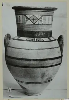 Pottery Bichrome IV amphora-crater with two handles, painted geometric panels on the neck and horizontal bands on the body