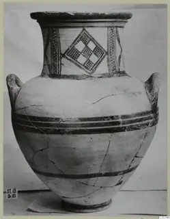 Pottery Bichrome III amphora with two handles, painted checkered lozenge panel on the neck and dark horizontal bands on the body