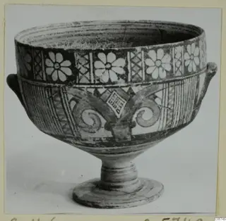 Pottery Bichrome IV, Plate - Jug: footed bowl with flower bands and scroll motifs