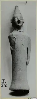 Terracotta figurine of a standing figure with a tall conical headdress, from Ayia Irini