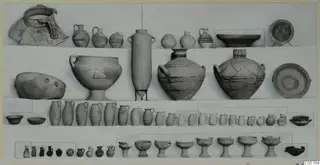 Ayia Irini pottery of Period 5: rows of vessels including jugs, jars, bowls and footed bowls on a pale ground