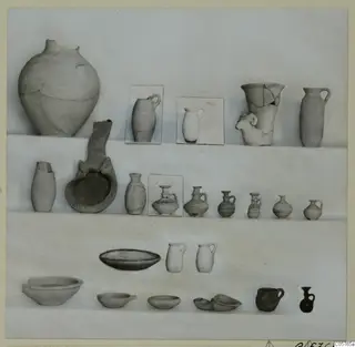 Group of pottery vessels from Ayia Irini, Pottery of Period 6, arranged in rows of jars, jugs and bowls