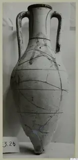 Two-handled amphora with horizontal painted bands and a curved line pattern on the shoulder, from Marion