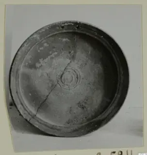 Interior of a shallow pottery bowl with a concentric ring motif at its centre and a crack running across it