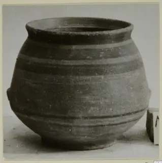 Globular pottery vessel with a wide flared rim, small lugs at the sides and horizontal bands around the body, on a plain surface