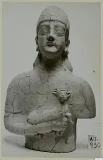 Terracotta Neo-Cypriote bust with a tall headdress and a small animal-like figure held against the chest