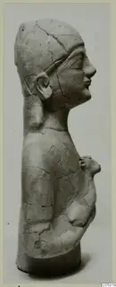 Side view of a cracked pale terracotta statuette of a head and upper body, with a small attached figure at the chest, from Ayia Irini.