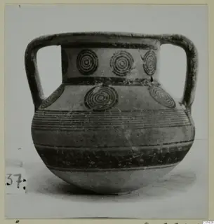 Pottery Bichrome IV, amphora-crater (J.237): two-handled vessel with concentric circle motifs and horizontal bands