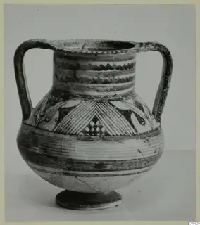 Pottery Bichrome IV amphora-crater with two handles, painted bands and a chevron panel on the shoulder
