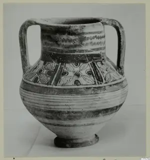 Pottery Bichrome IV, Amphora-Crater: two-handled pottery vessel with dark painted bands and motifs on the shoulder