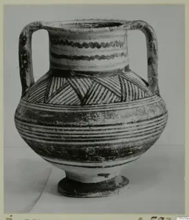 Two-handled painted pottery vessel, Pottery Bichrome IV amphora-crater, seen from the front