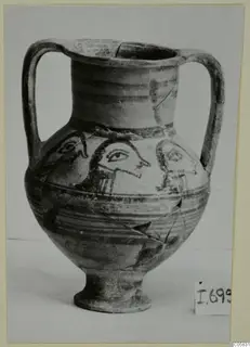 Pottery Bichrome IV amphora-crater with two handles, a footed base and three painted profile faces on the body