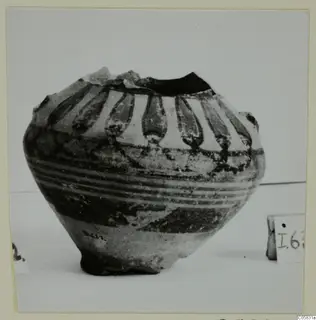 Pottery Bichrome IV, Amphora-Crater (L.637): a squat painted vessel with pendent motifs on the shoulder and bands around the body