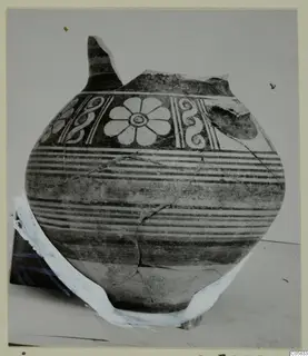 Pottery Bichrome IV amphora-crater with a painted flower rosette and spiral bands on the shoulder