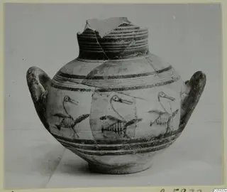 Pottery Bichrome IV amphora-crater with two loop handles, painted with birds and horizontal bands.