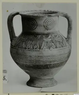 Pottery Bichrome IV amphora-crater with concentric circles on the neck and painted bands on the body