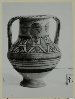 Two-handled painted amphora-crater, Pottery Bichrome IV, with concentric circles on the neck and banded decoration on the body.
