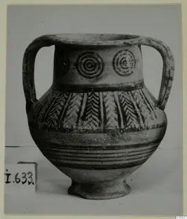 Two-handled Amphora-Crater vessel with concentric circles on the neck and painted bands and chevrons on the body