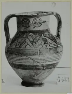 Pottery Bichrome IV amphora-crater from Idalion: two-handled vessel with concentric circles on the neck and banded painted decoration