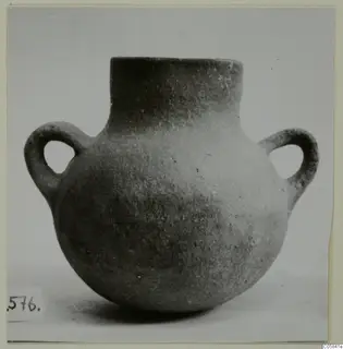 Round two-handled pottery jar with a short neck, photographed against a plain grey background.