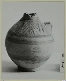 Globular vessel with a broken neck, painted bands and a chevron pattern on the shoulder, Pottery White Painted Wheel-made