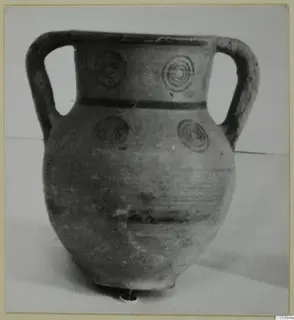 Pottery Black-on-Red II-IV amphoriskos with two handles and painted concentric circles